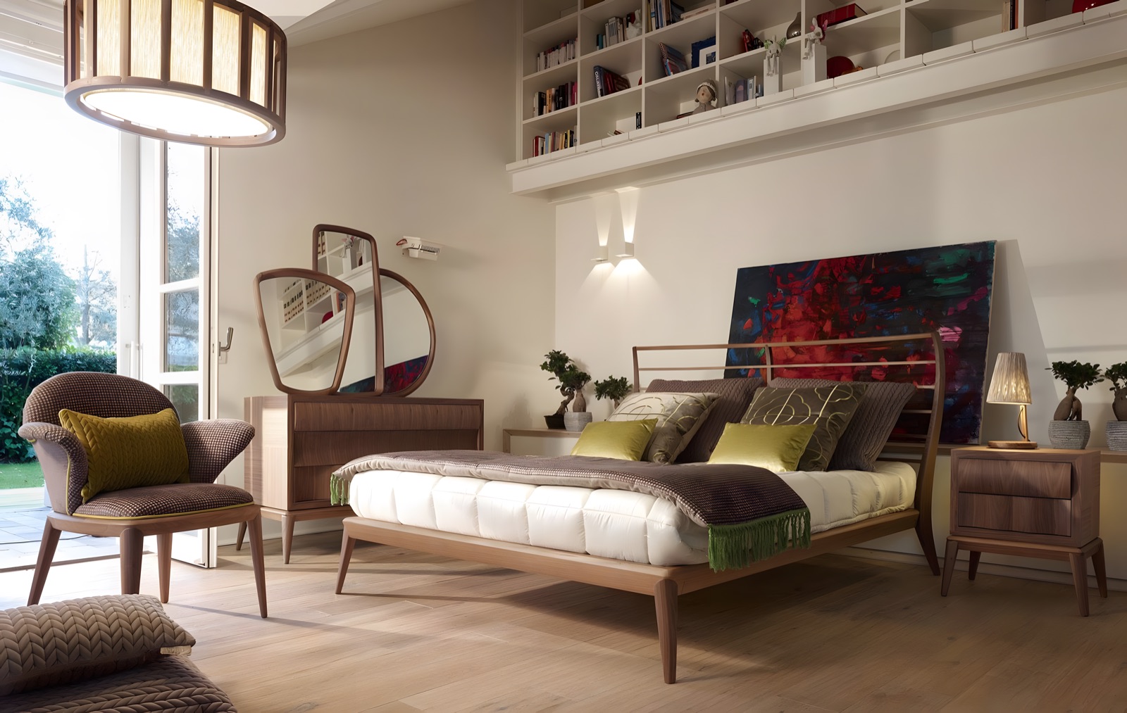 Camera da letto in noce con comò, specchiere e libreria a soppalco