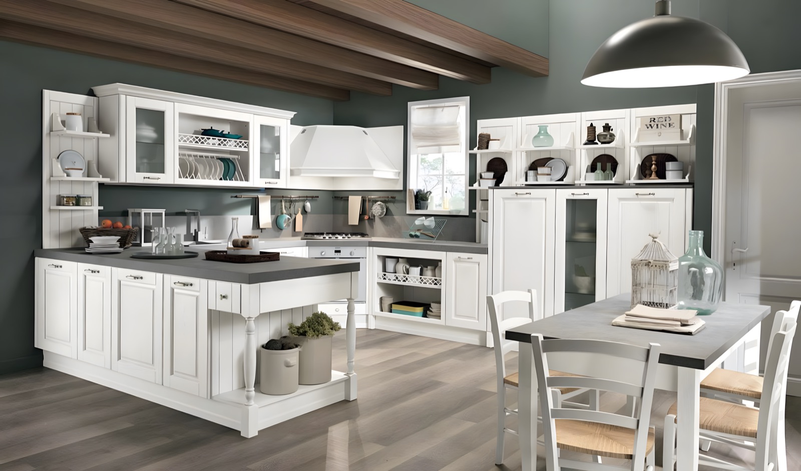 Cucina classica bianca con ante a telaio e travi a vista