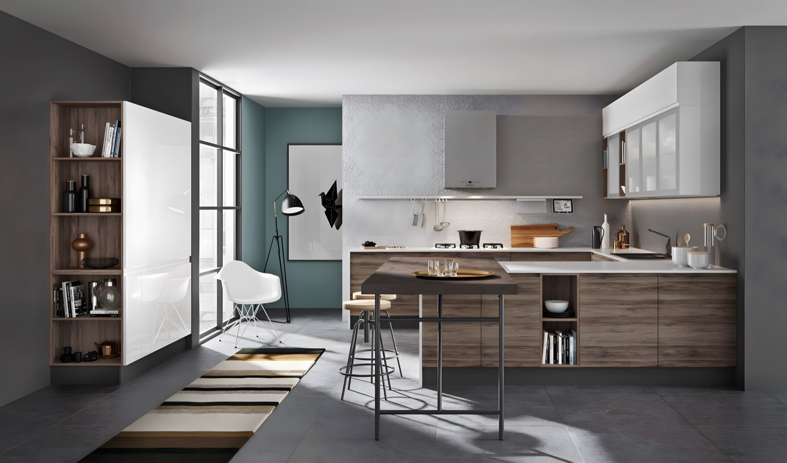 Cucina con penisola in rovere e colonne laccate bianche
